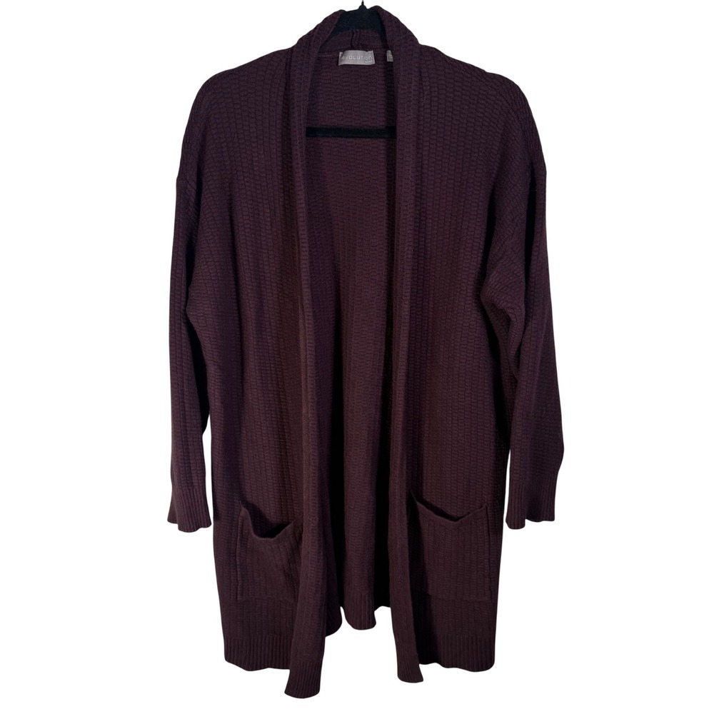 Evolution by Cyrus Womens 1X Burgundy Waffle Knit Open Front Cardigan Sweater